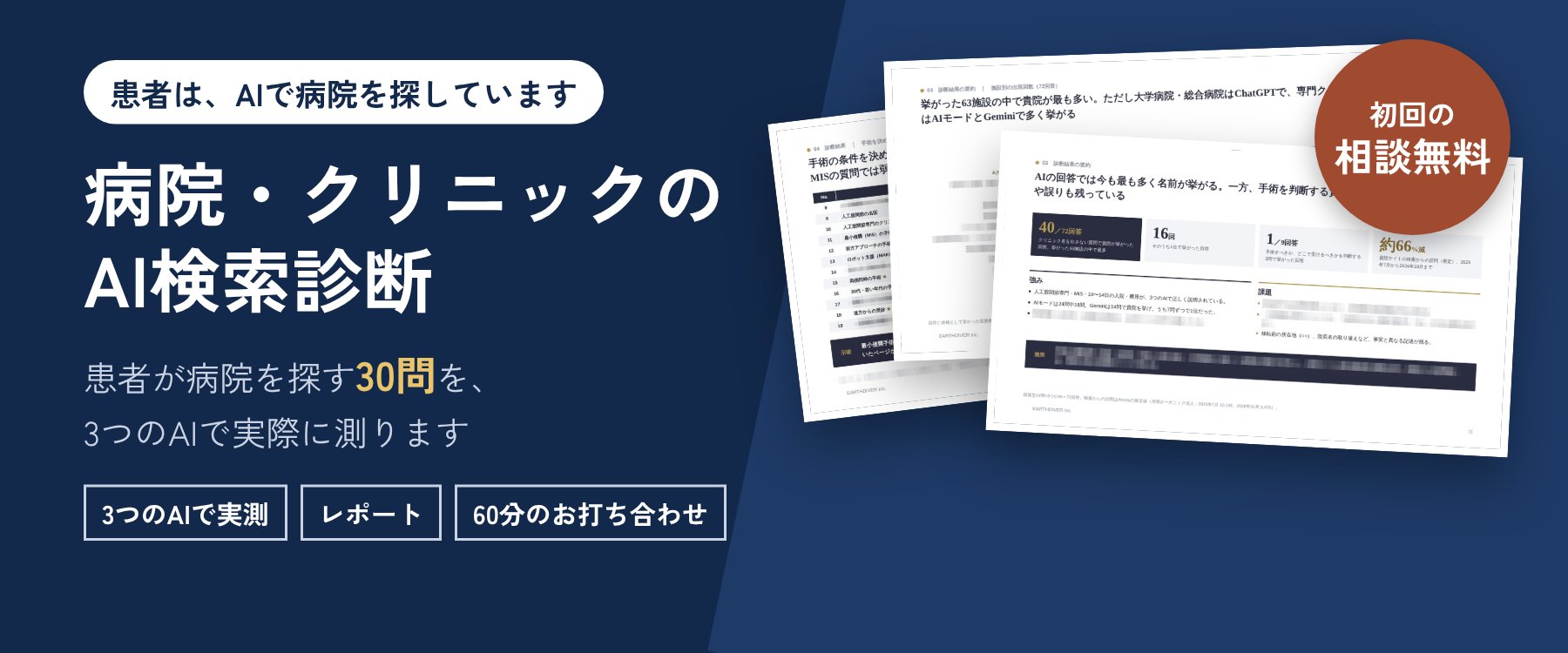 病院・クリニックのAI検索診断。患者が病院を探す30問を、ChatGPT・Gemini・GoogleのAIモードの実際の画面で測り、自院が挙がるか、正しく説明されているか、何を出典にされているかを調べます。