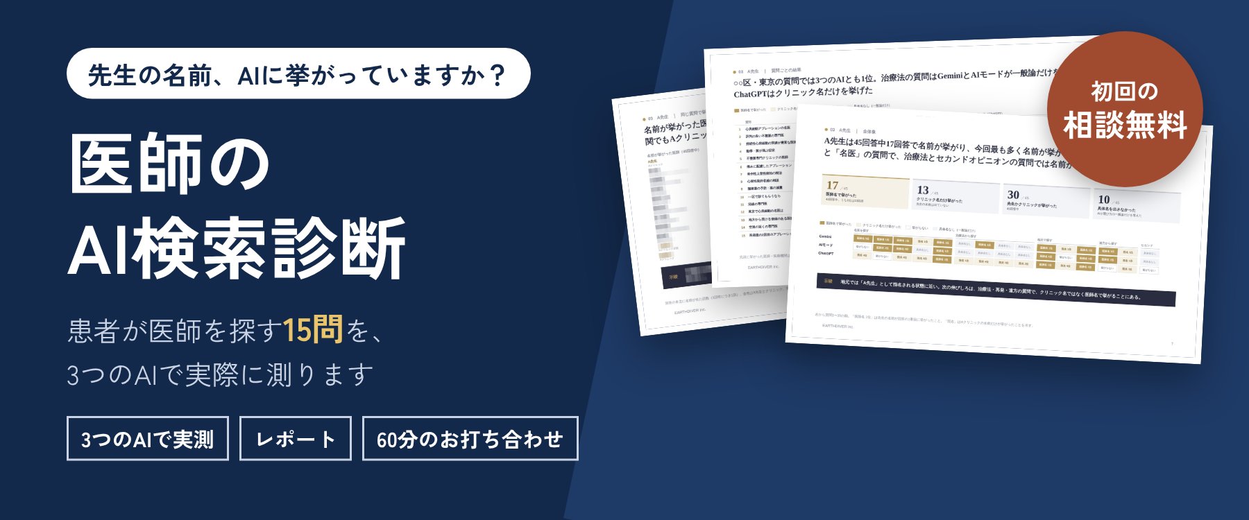 医師のAI検索診断。患者が医師を探す15問を、ChatGPT・Gemini・GoogleのAIモードの実際の画面で測り、先生の名前が挙がるか、どの場面で挙がらないか、何を根拠にされているかを調べます。