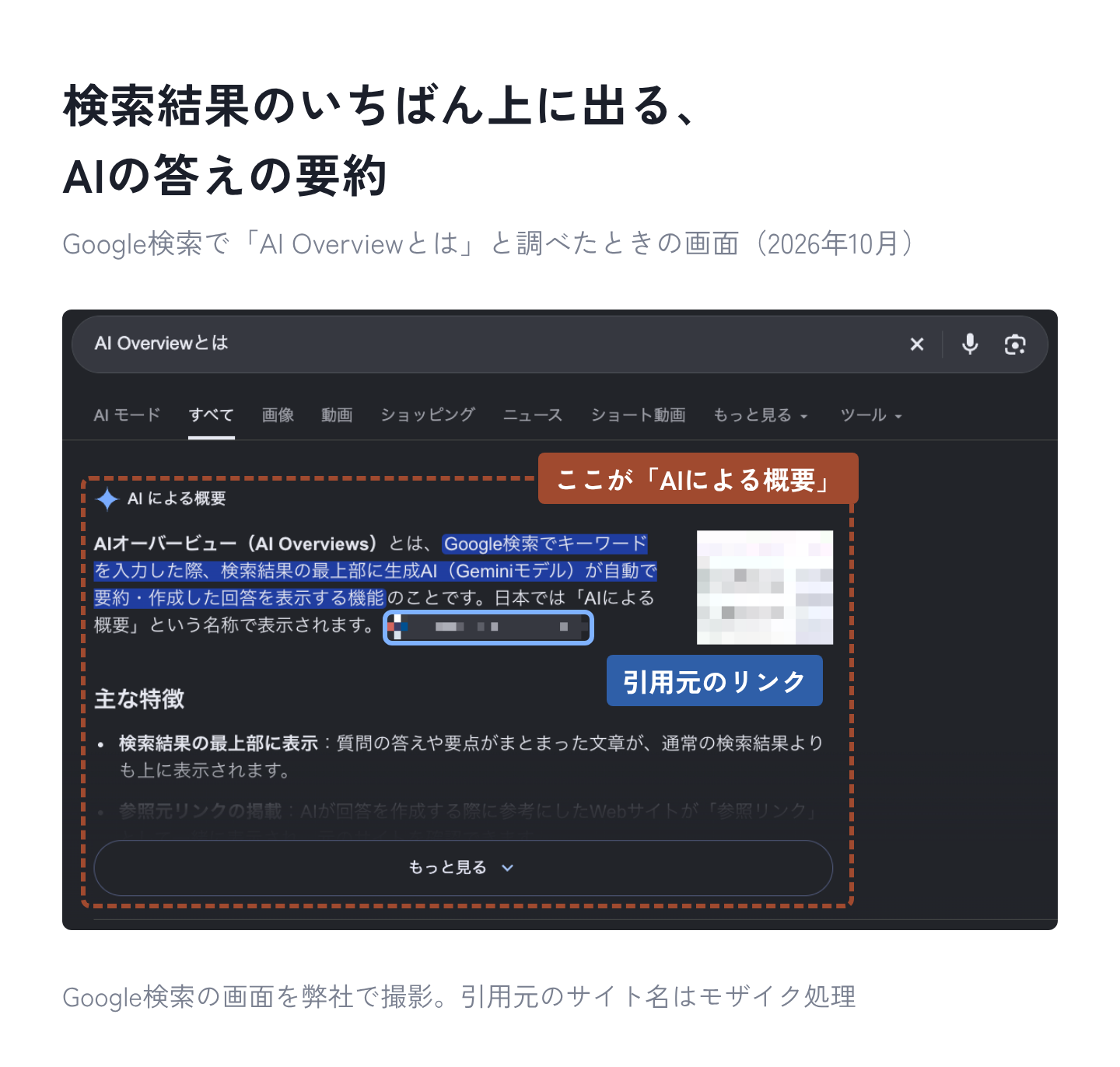 図1:検索結果のいちばん上に出る、AIの答えの要約
