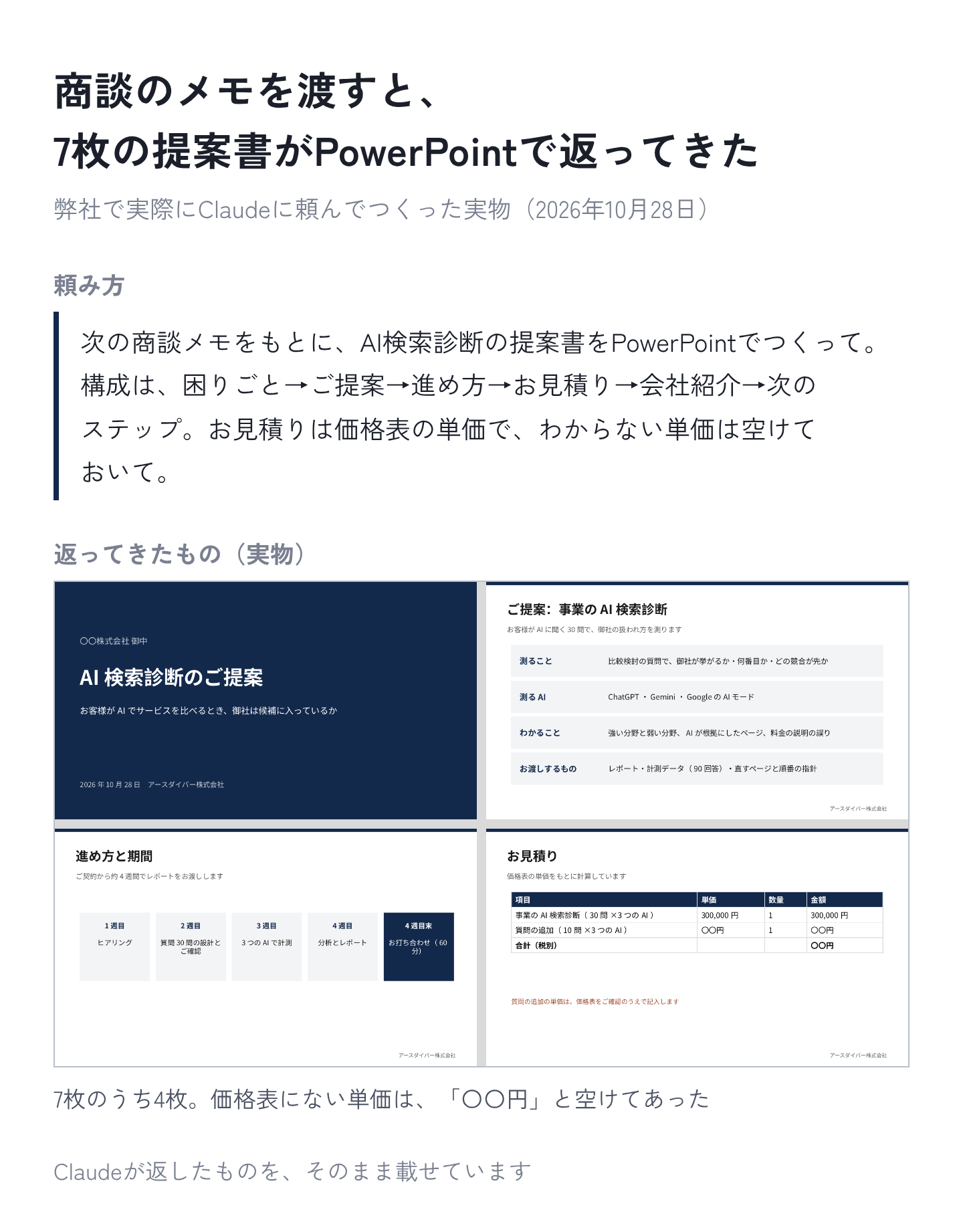 図5：弊社で実際にClaudeにつくらせた提案書（7枚のうち4枚）