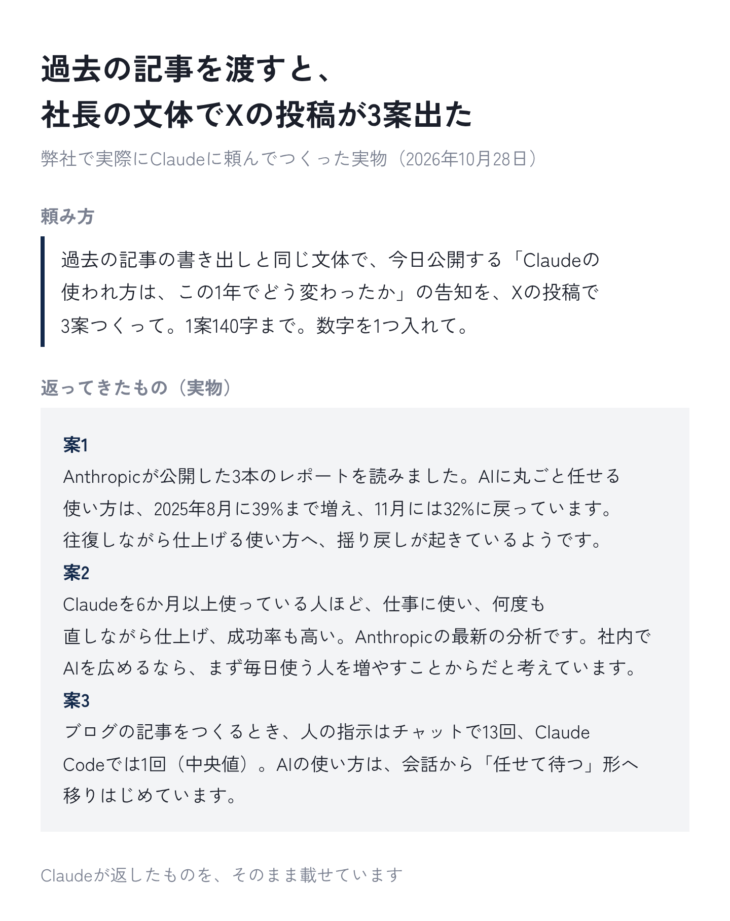 図9：弊社で実際にClaudeにつくらせたXの投稿の案
