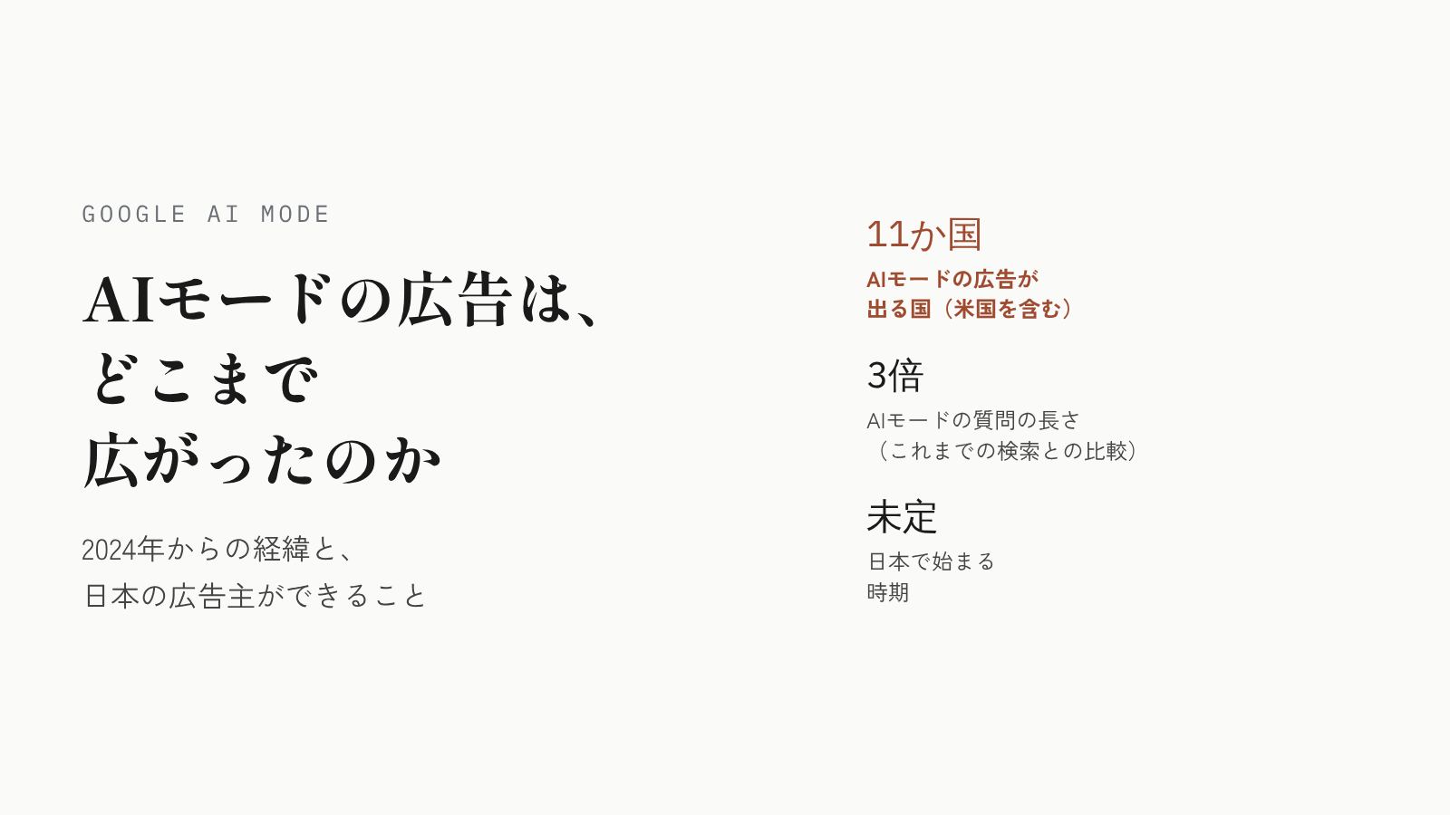 【2026年10月末時点】GoogleのAIモード・AIによる概要の広告は、どこまで広がったのか。2024年からの経緯と、日本の広告主がいまできること