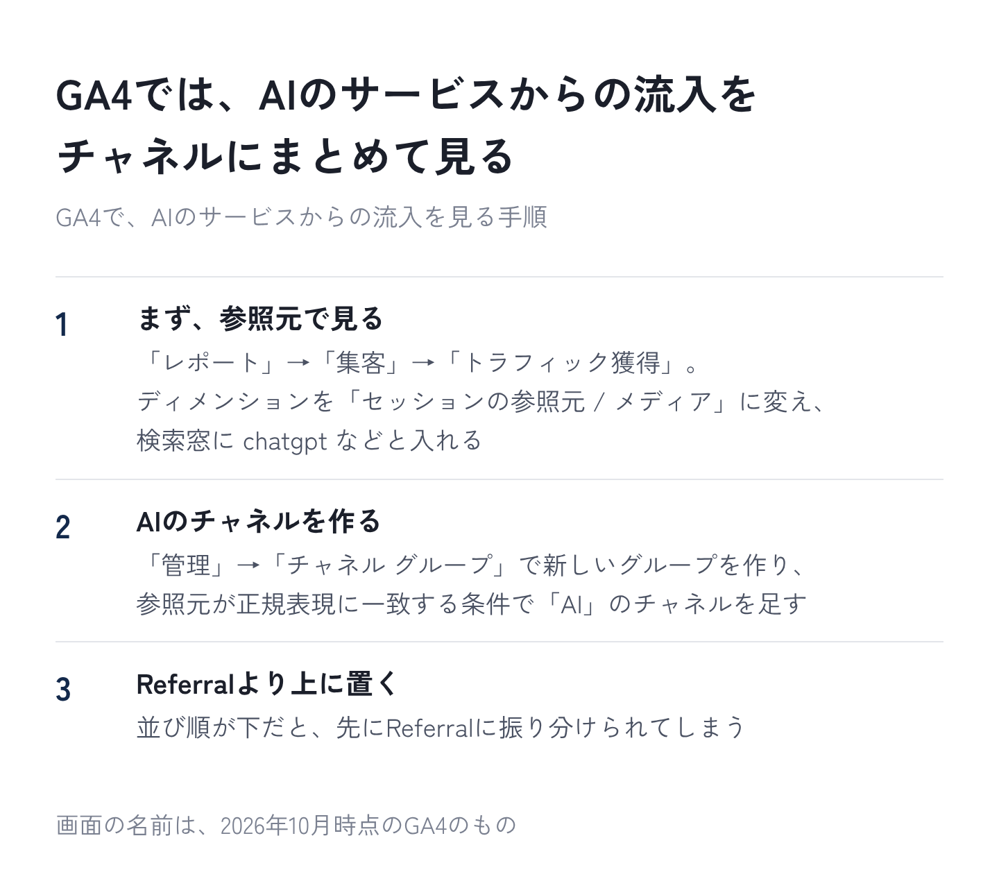 図2:GA4で、AIのサービスからの流入をまとめて見る手順